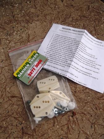 Plastic bag containing parts required to change shed door glides. Plus the instruction sheet that came with the parts.