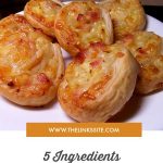 Pinwheels on a white plate. Text overlay says: Delicious Savoury Pinwheels. 5 ingredients; Puff Pastry, Onion, Egg, Cheese, Bacon.