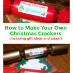Collage of two images. Top image shows a close up view of Christmas crackers showing personalized labels for 'Steven' and 'Grandma'. Bottom image shows two Christmas crackers placed on a table. Text overlay says: How to Make Your Own Christmas Crackers (including gift ideas and jokes!).
