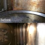 Top of image shows dirty oven before cleaning. Bottom of image shows oven after cleaning. Text Overlay says: DIY Oven Cleaner with no harsh chemicals!