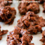 Several chocolate sultana bites arranged on a white plate. Text overlay says: Crunchy Choc Sultana Bites (no bake and only 3 ingredients!).