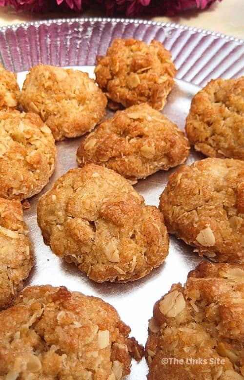 Overhead view of homemade munchies on a silver plate, showing their chunky shape.