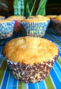 Central Sour Cream Lemon Muffin in a muffin liner on a blue and green striped tablecloth. There are more muffins on a cooling rack in the background.