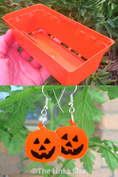 Split image showing an orange seedling punnet at the top and some Jack O Lantern earrings at the bottom. 