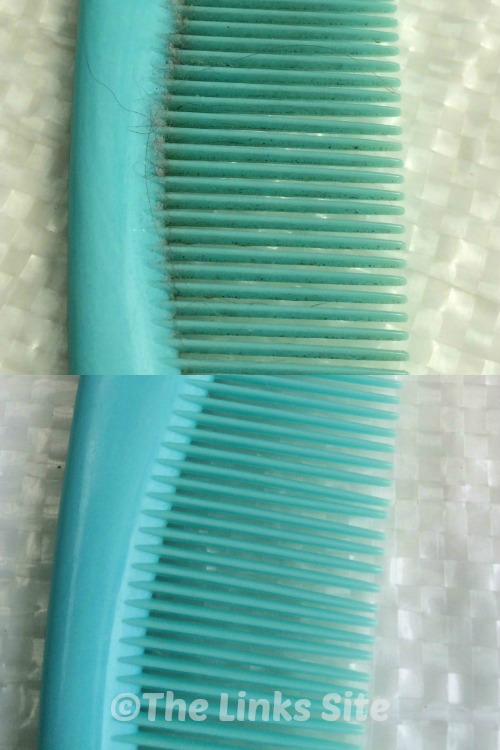Two images are presented so that the dirty comb can be seen in the top half of the picture and the cleaned comb can be seen in the bottom half.