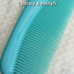Close up of a light blue plastic hair comb with a white background. Text overlay says: How to Clean a Hair Comb (quickly & easily!).