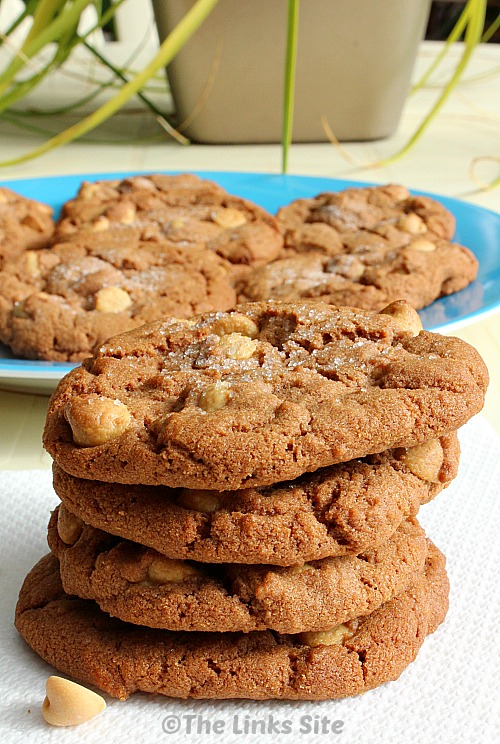 Stack of four cookies on a white paper napkin. A plate containing more cookies as well as a potted plant is seen in the background.