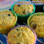Two rows of muffins are arranged on a blue and white plate. Another single muffin is on a white plate in the background. Text overlay says: Cake Mix Breakfast Muffins (use a boxed vanilla cake and a few add ins to make these delicious breakfast muffins!).