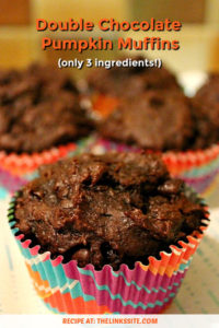 Close up of a chocolate muffin in a multi-coloured muffin case. Several other muffins can be seen in the background. Text overlay says: Double Chocolate Pumpkin Muffins (only 3 ingredients!).