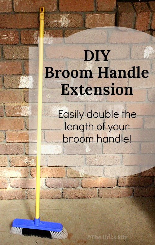 Yellow handled broom propped up against a brick wall. Text overlay says: DIY Broom Handle Extension, Easily double the length of your broom handle!