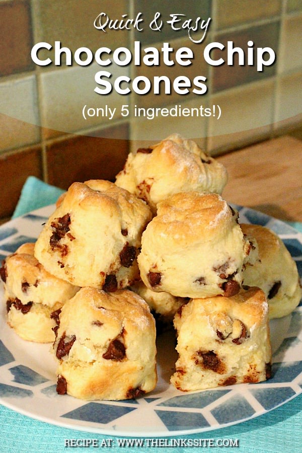 Blue and white plate topped with a batch of chocolate chip scones. Text overlay says: Quick & Easy Chocolate Chip Scones (only 5 ingredients!).