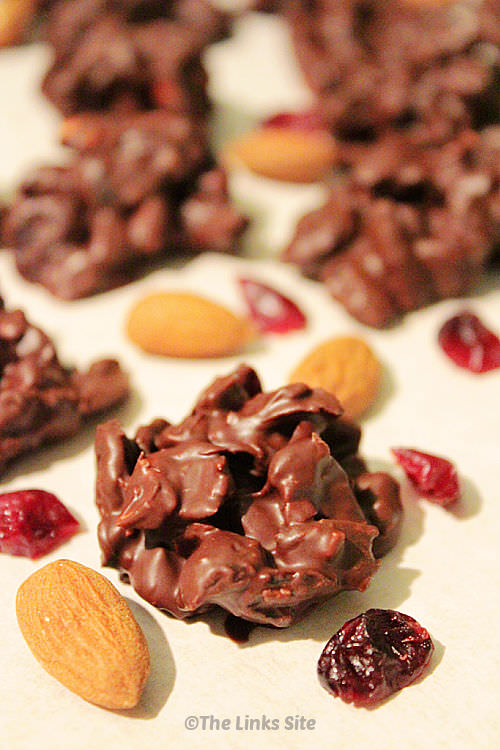 A single chocolate cluster is seen in the foreground with cranberries and almonds scattered around it. More clusters can be seen in the background.