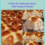 Collage showing 3 images of hot cross buns on a cooling rack. One image shows joined buns fresh from the oven. Another image shows a single bun with more buns in the background. The third image shows individual buns with joined buns in the background. Text at the top reads: Mini Hot Cross Buns, Perfect for Celebrating Easter with Family and Friends!
