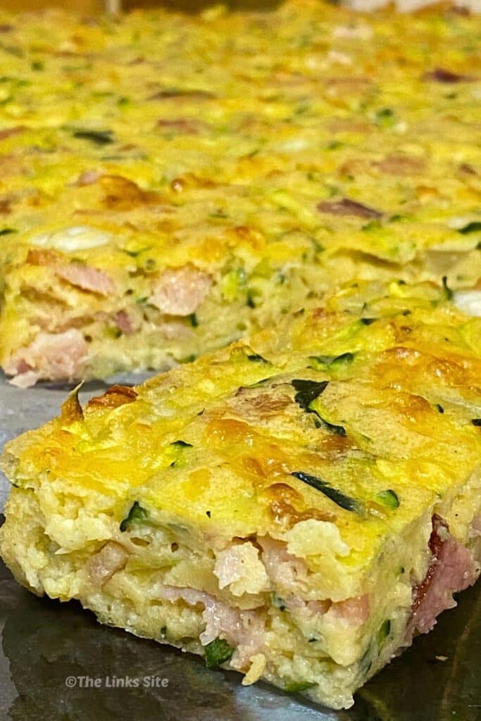 One piece of zucchini slice with rest of slice in the background.