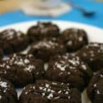 Chocolate Brown Sugar Cookies on a blue and white plate.