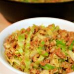 Beef and Cabbage Chow Mein in a white bowl.