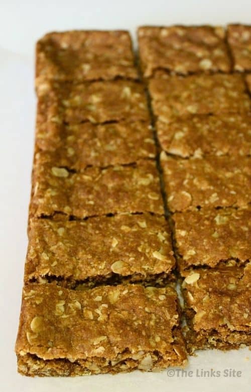 Nutty Oat Slice cut into pieces and cooling on baking paper.