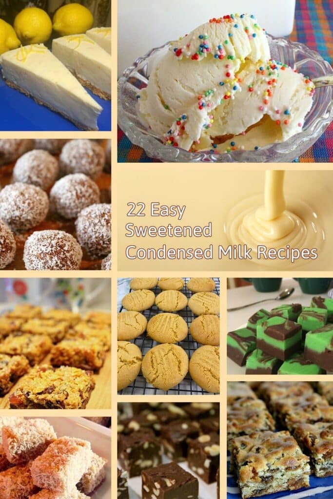 A tall Pinterest collage featuring homemade sweet treats made with sweetened condensed milk, including cookies on a cooling rack, chocolate fudge squares, vanilla ice cream with sprinkles, lemon cheesecake slices, coconut balls, and various dessert bars, arranged in a vertical layout with a text overlay reading ‘22 Easy Sweetened Condensed Milk Recipes.’